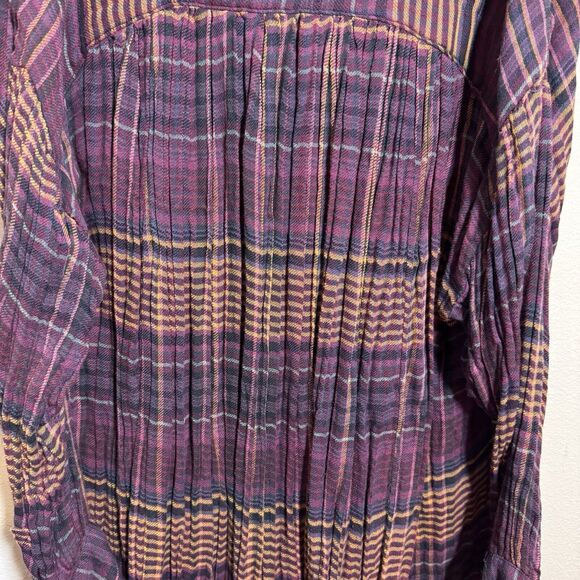 Free People Come On Over Plaid Tunic Button Pleated Hi Lo Fray Purple Gold Sz XS - Picture 7 of 9
